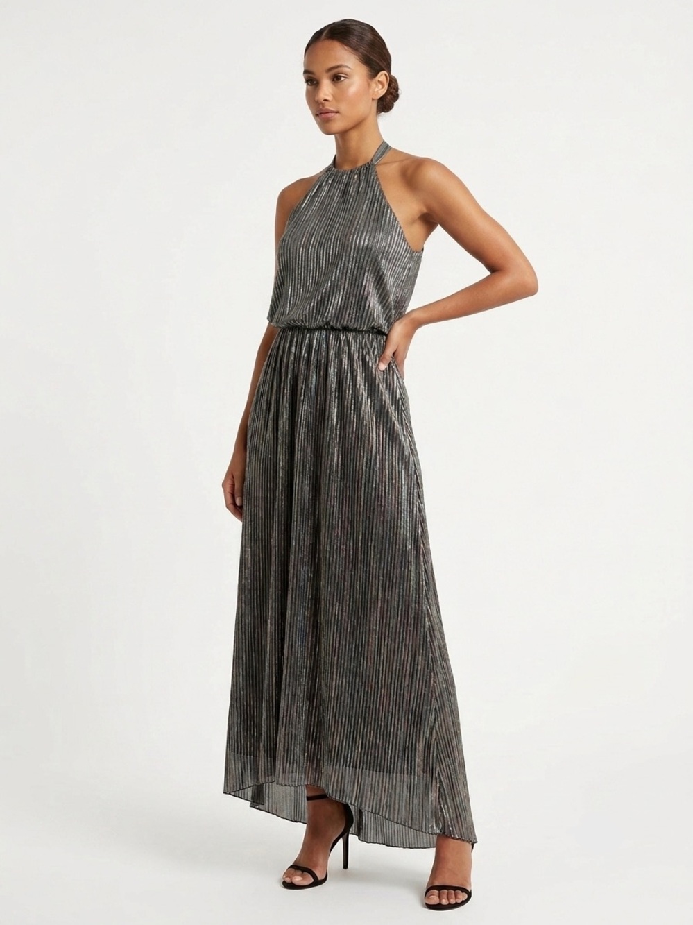 Soieblu, Metallic Silver Halter Maxi Dress - M